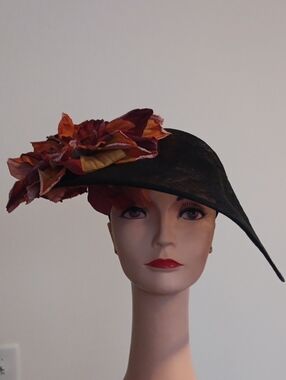Black Asymmetric Fascinator Hat with Gorgeous Floral Accent